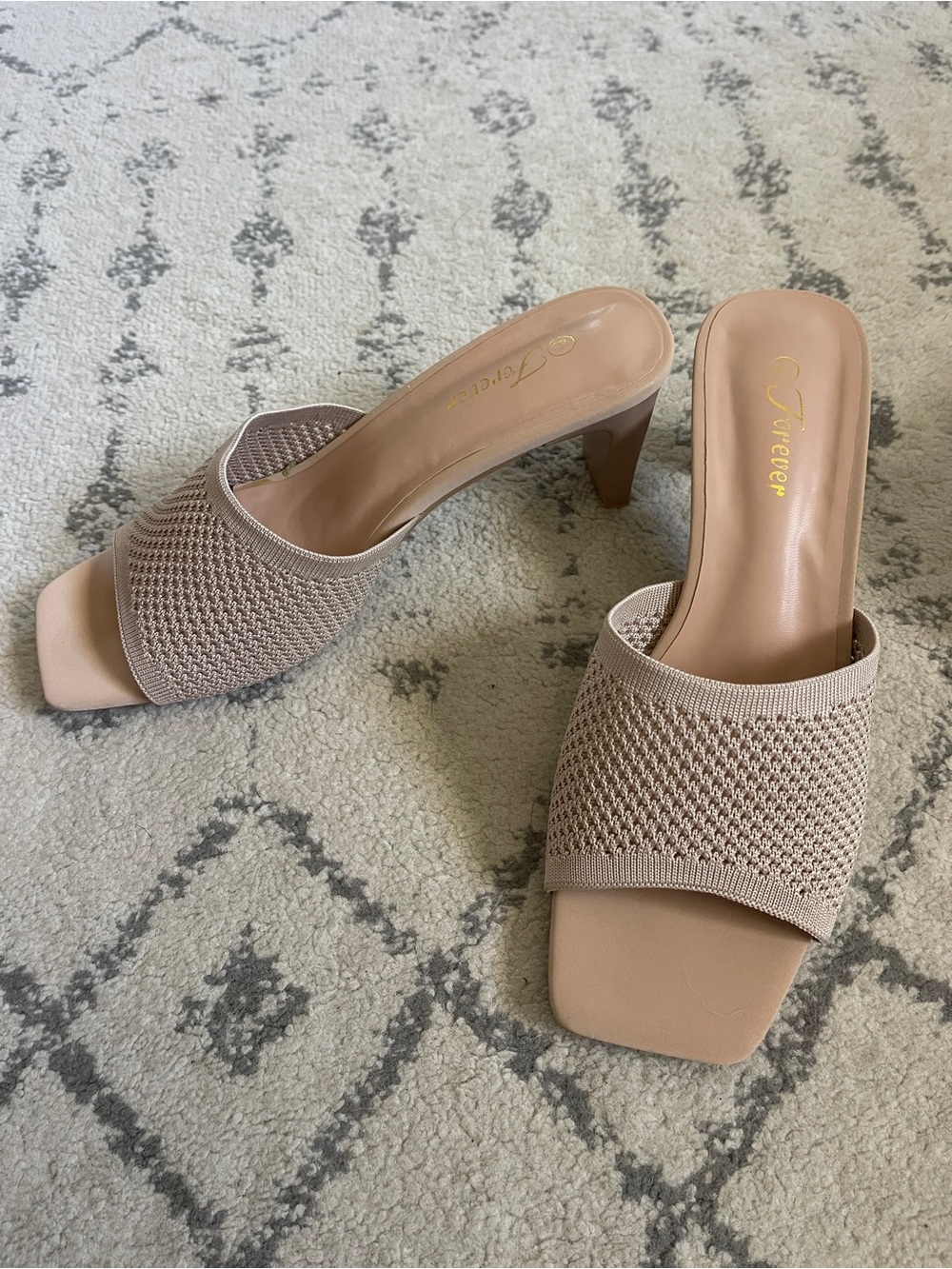 Beige Knit Block Heel Mules